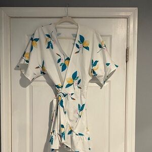 Floral Wrap Dress in White with Blue and Yellow Accents